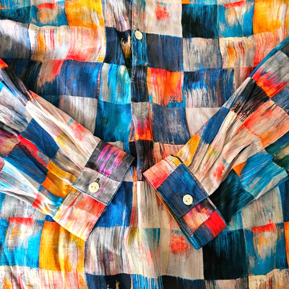 APNY tunic blouse size XL quarter button high low lightweight watercolor block - Picture 5 of 12